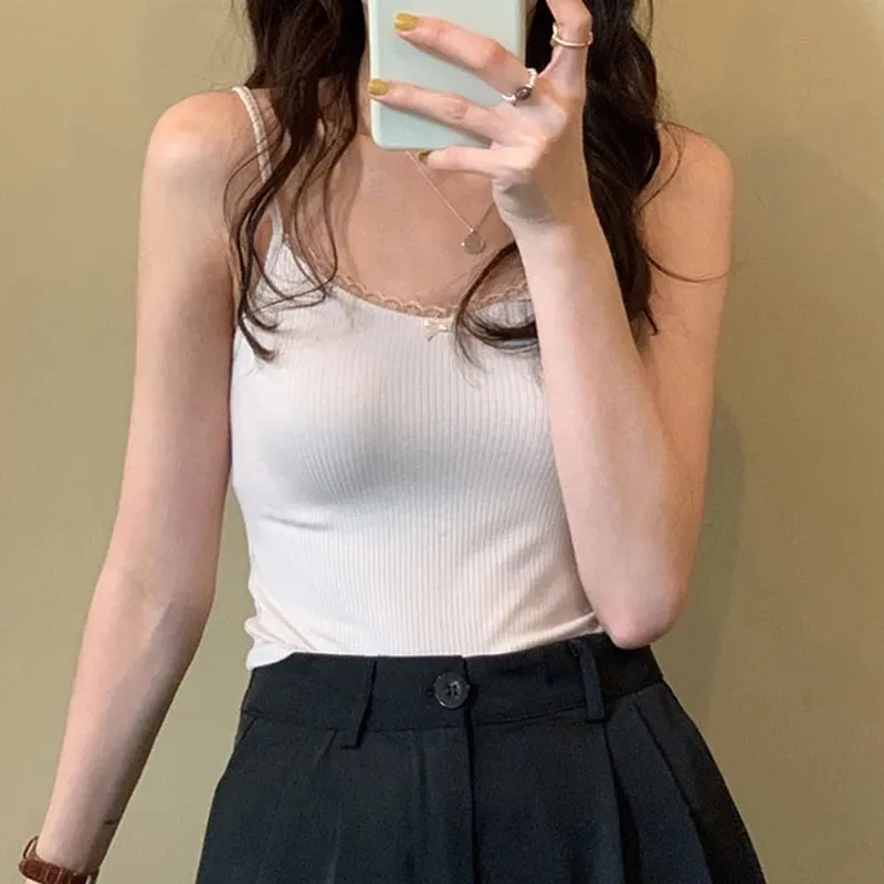 Original 100% Cotton Women's Short Knit Vest Printed Slim Fit Sexy Exposed Navel Lace Border Bow Sleeveless Lady Elastic Vests — image 12