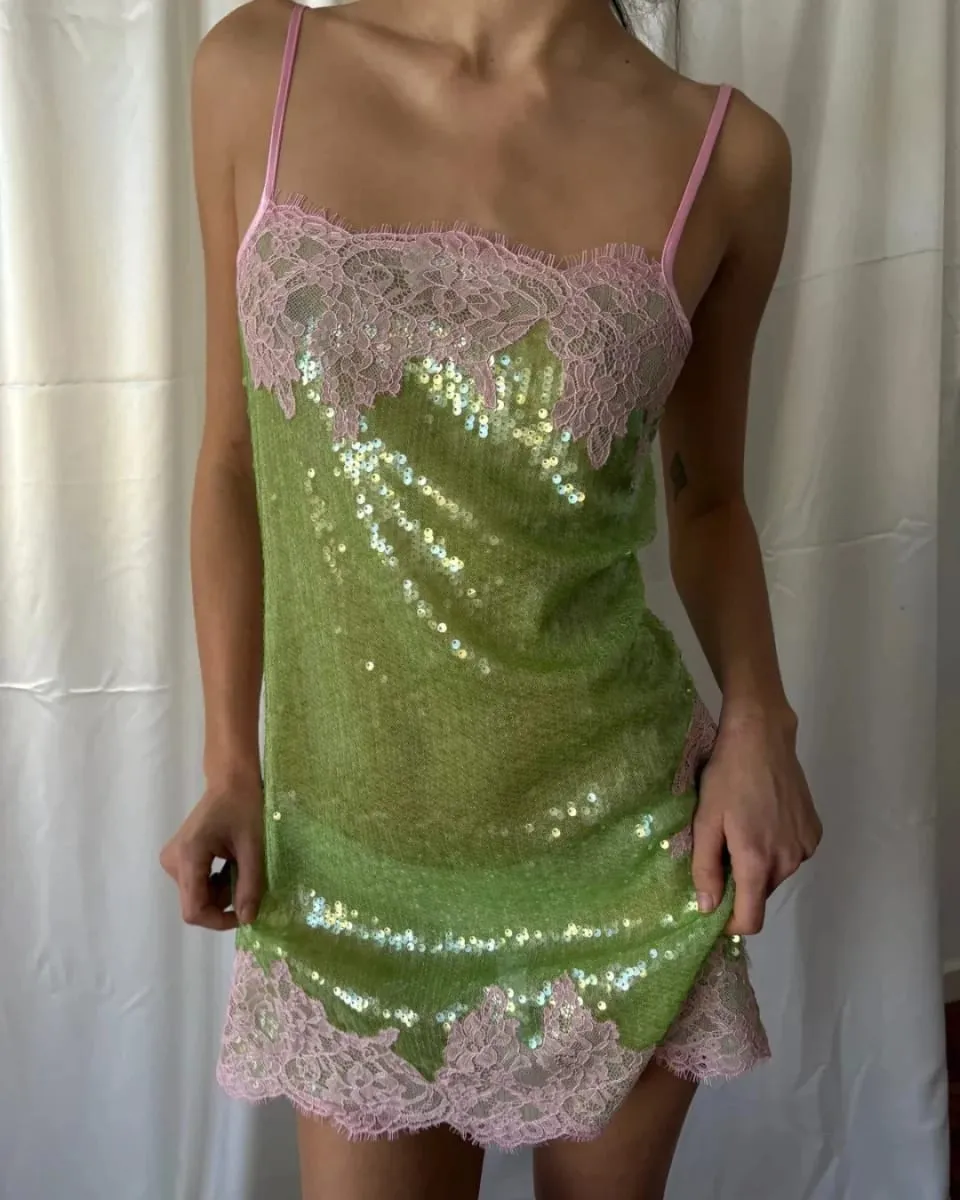 Kvinnor Blommor Spets Paljett Mini Slip Dress Spaghetti Strap Sweetheart Neck Bodycon Robes 2026 Sommar Nya Party Vacatio Klänningar — image 5