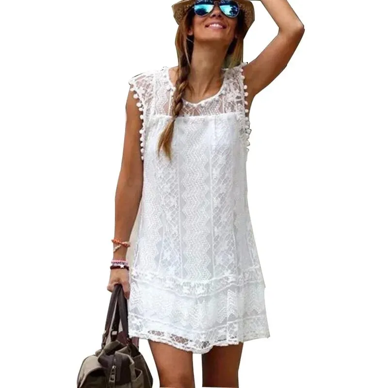 Summer White Women Dress 2024 Casualless Sleeveless Beach Short Dress Pambabae Sexy Tassel Mini Lace Dress Vestidos De Tricô Femenino — image 8