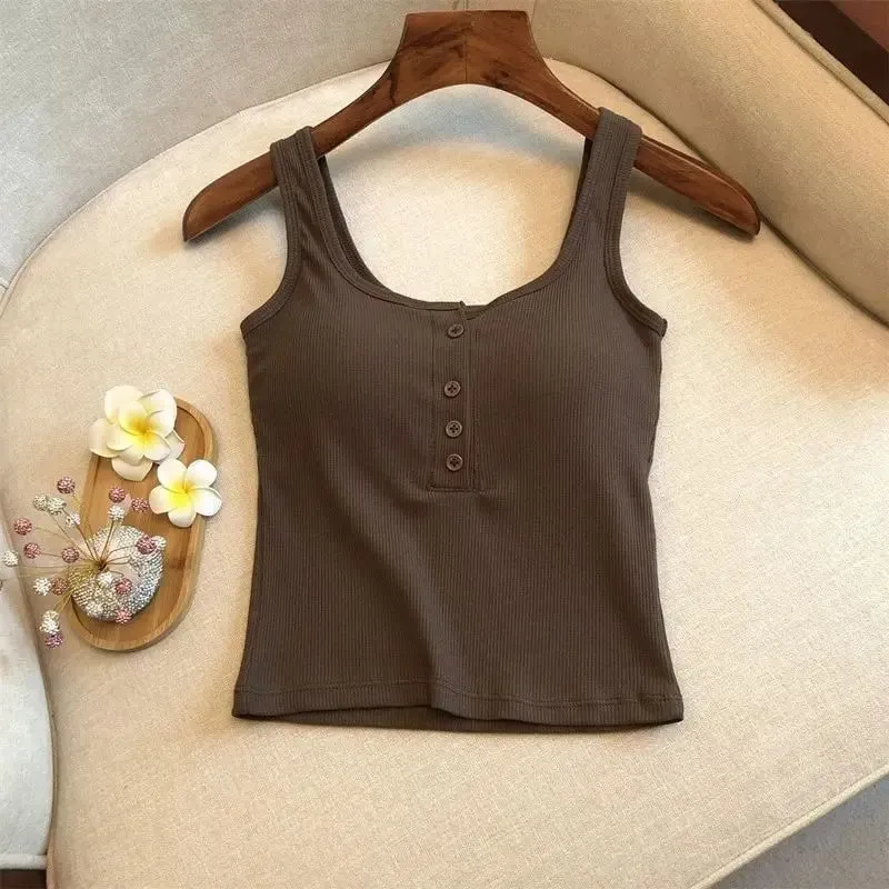 1Pcs Women's Ribbed Henley Tank Top Square Neck Button Front Built-in Bra Sleeveless Camisole — image 5