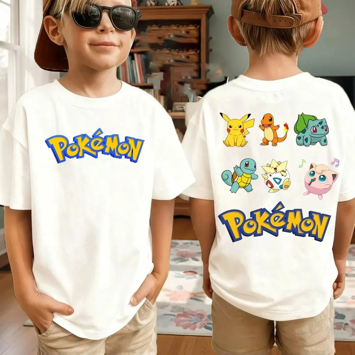 Summer Pokémon AnimeT-shirts Boys Pure Cotton Short-sleeved Top Casual Suitable for Both Boys and Girls Parent-child Outfits.