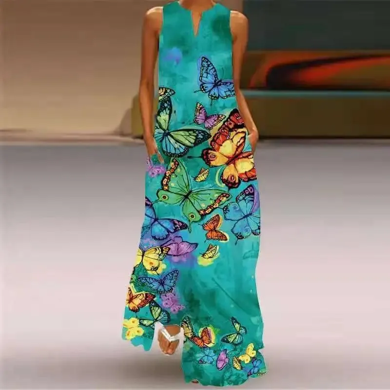 Women Dresses 2026 New summer wear sleeveless long dress V-neck printed emerald flower dress women's clothing vestidoes — image 14