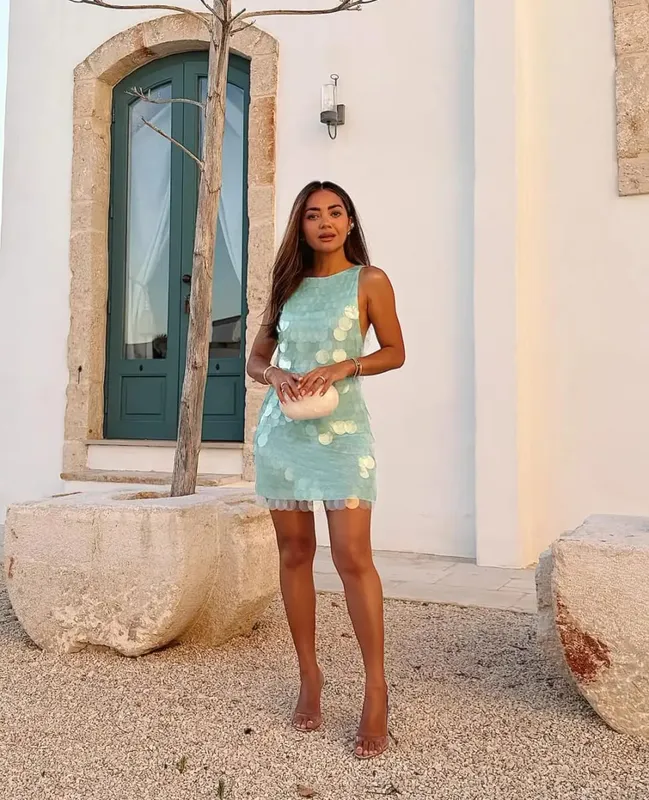 Sexy Sequin O-neck Mini Dress Women Sexy Sleeveless Backless Waist-cinching Slim Dresses 2026 Summer Lady Elegant Vacation Robes