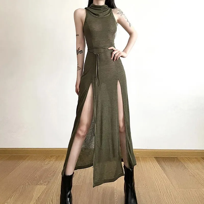Goth Dark Cyber Gothic Desert Walker Hooded Klänningar Y2k Punk Grunge Hollow Out Midiklänning Dam Sexig Split Side Solid Streetwear — image 2