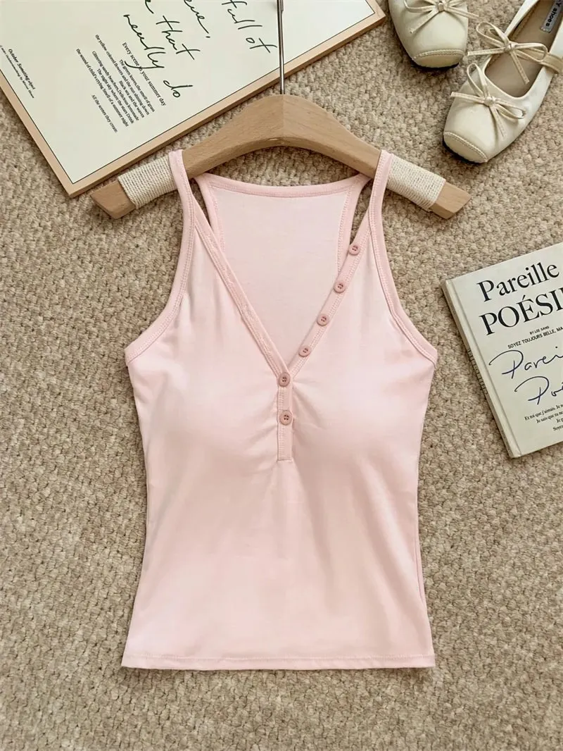 zjaiss Fashion Slim Fit Tank Top 2026 Summer V-neck Button Women Cami With Built-in Bra Pad Casual Basic Inner Top — image 12