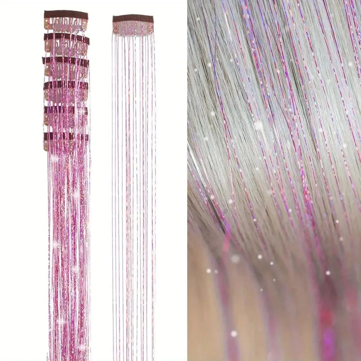 6Pcs Synthetic Hair Tinsel Clip in 19.6Inch Glitter Tinsel Hair Clip in Hair Tinsel Kit Heat Resistant Shiny Sparkle Fairy Hair