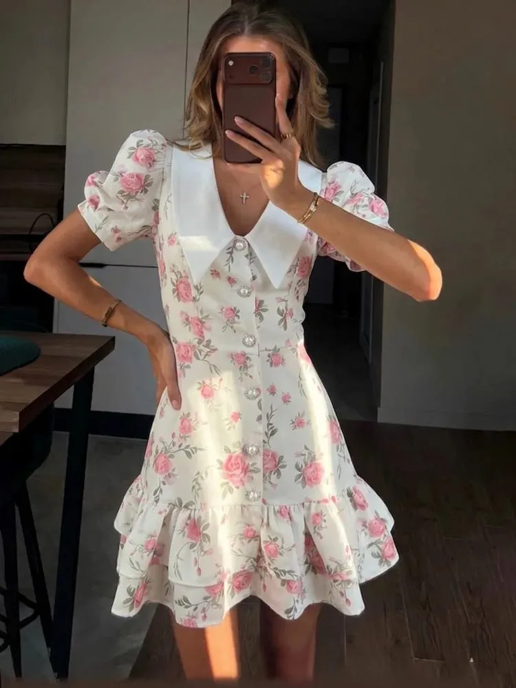 Tossy Printed Lapel Fashion Mini Dress Pambabae Short Sleeve Patchwork Contrast Elegant Summer Dress 2025 Pambabaeng Bodycon Dress — image 2