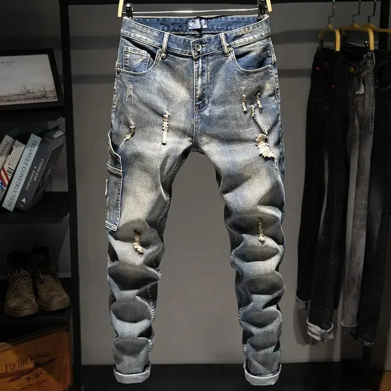 Spring and Autumn Elastic Nostalgic Large Size Ripped Jeans Men's Loose Fat Plus Trendy Brand Fat Guy Pants Washed Long Pants