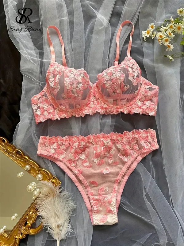 Malha pura lingerie duas peças ternos francês floral seusual conjuntos de roupa interior feminino bordado sexy sutiã e cuecas conjuntos — image 7
