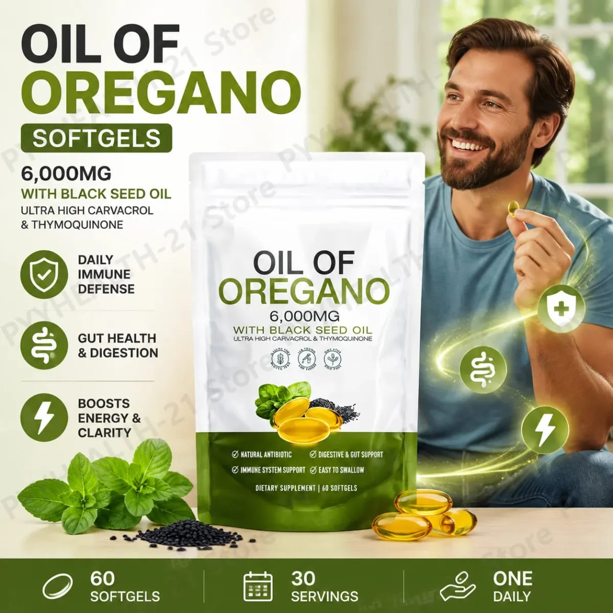 Oil of Oregano 6000mg Black Seed Oil Softgels Supports Daily Immune Defense Digestive Balance Herbal Formula Non GMO 60 Count — image 1