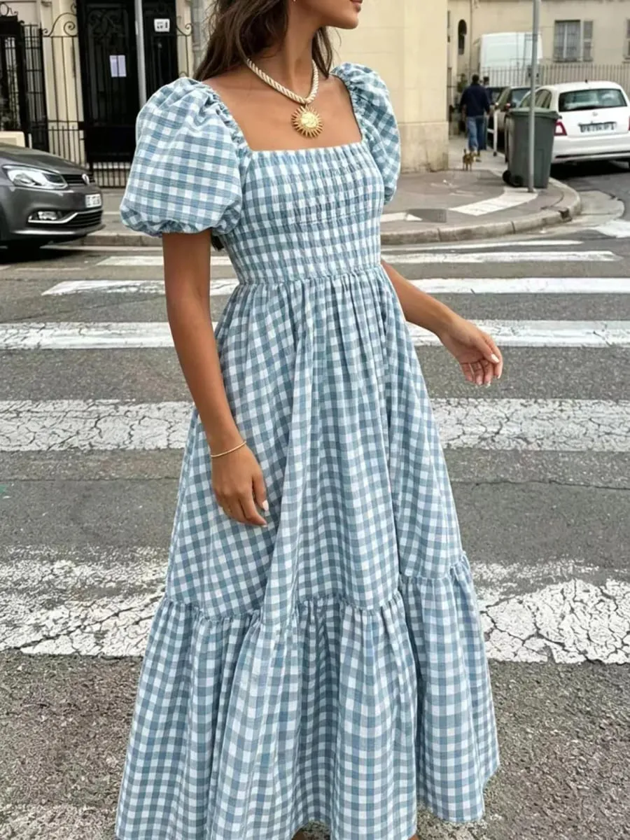 Women's Gingham Maxi Dress Square Neck Puff Sleeve Tiered Ruffle Hem Smocked Waist Casual Long Dress — image 2