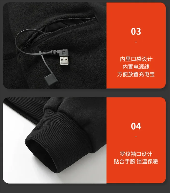 USB Heating Luvtröjor Herr Vinter Eluppvärmda Luvtröjor Jackor Uppvärmd Zipper Hoodie Infraröd 5 Värmeområden Jacka Svart Grå — image 21