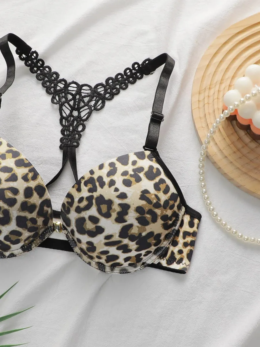 Conjunto de sutiã com fechamento frontal com estampa de oncinha, conjunto de lingerie push up com armação para mulheres, bralette de renda sexy e calcinha, roupa de duas peças — image 3