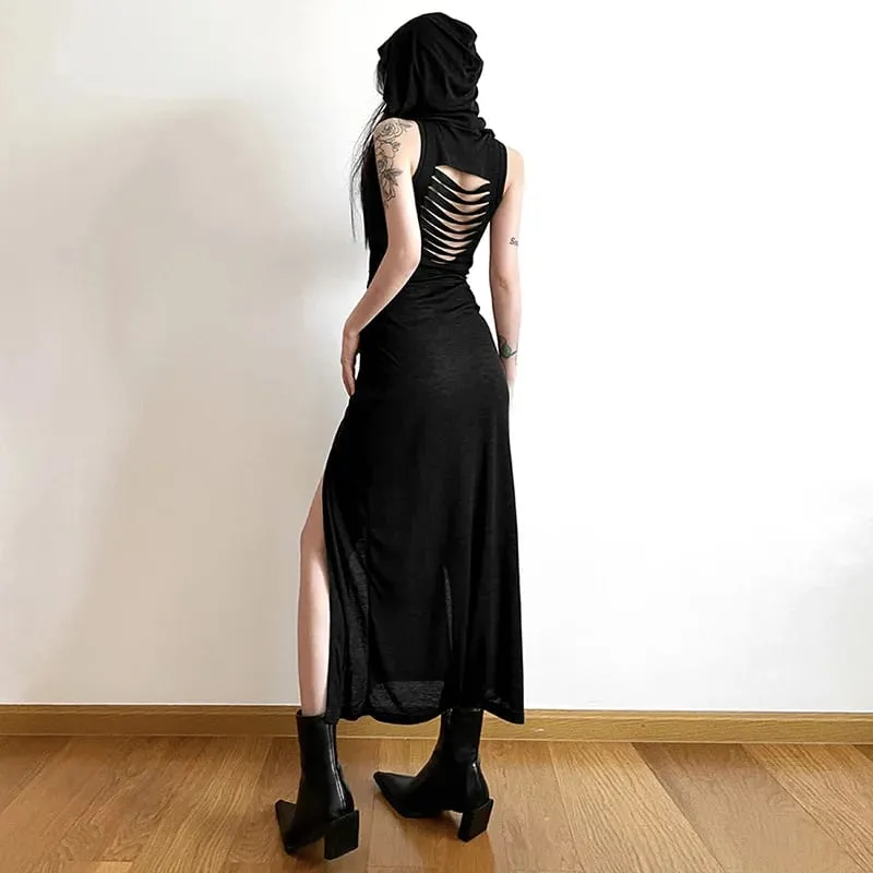 Goth Dark Cyber Gothic Desert Walker Hooded Klänningar Y2k Punk Grunge Hollow Out Midiklänning Dam Sexig Split Side Solid Streetwear — image 6
