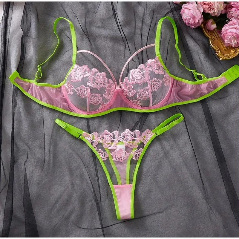 Women Lingerie Thong Outfit Sexy Transparent Mesh Bra Delicate Floral Lace Sheer Elegant Fashion Apparel Daily Ladies Underwear — image 2