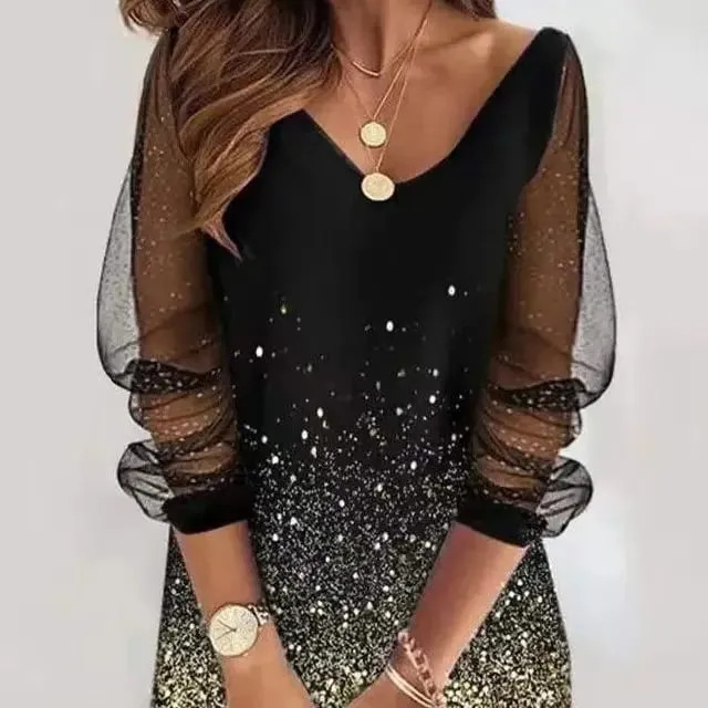 2024 novo estilo primavera em torno do pescoço lantejoulas perspectiva gaze vestido senhora