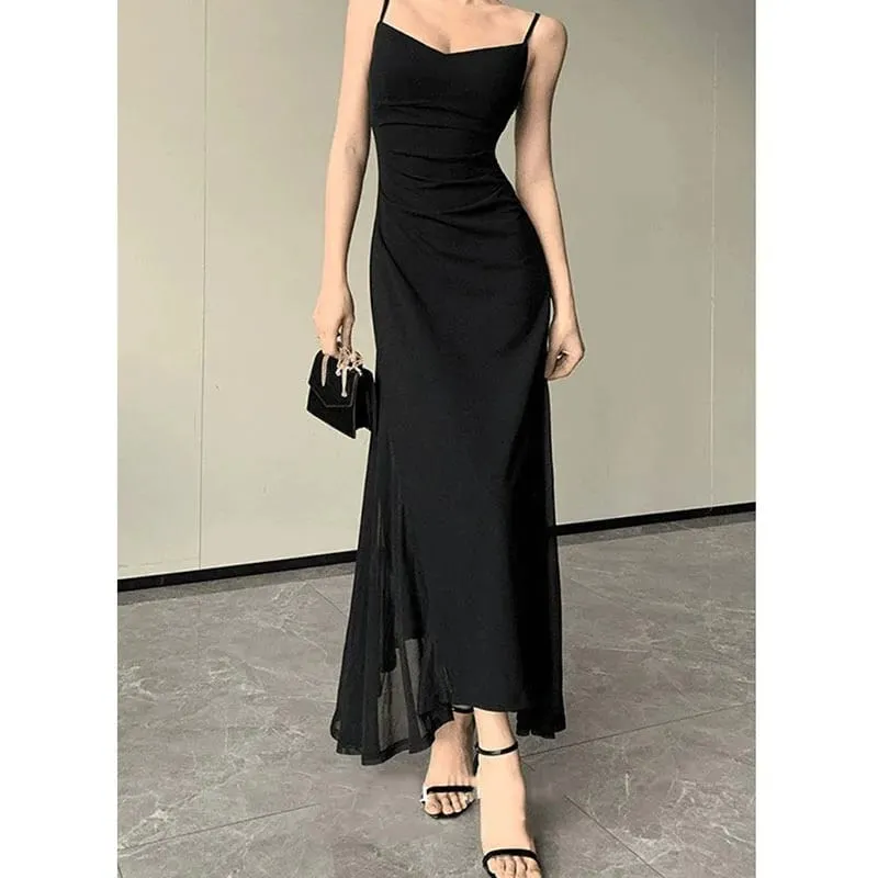 Vestido coreano com alça espaguete, decote em v, sexy, costas nuas, cintura apertada, vestidos de festa femininos, elegante, preto, transparente, midi, novo — image 2