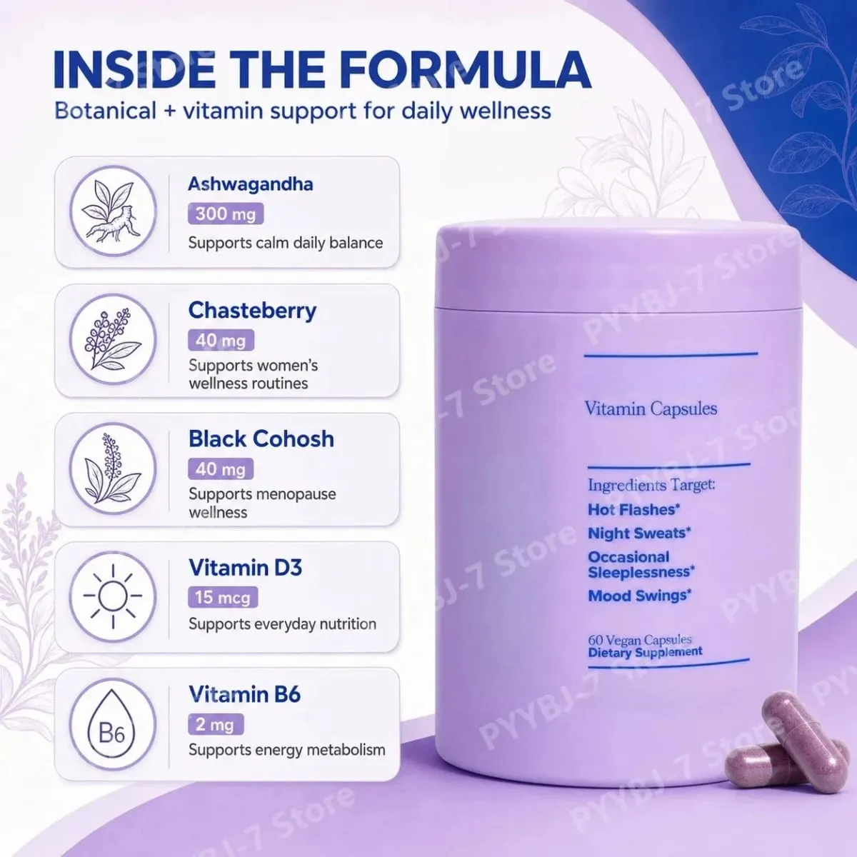 Vitaminas complexas femininas para a menopausa com vitamina D3 B6 ajudam a aliviar suores noturnos, mudanças de humor, suplemento alimentar saudável, 60 peças — image 3