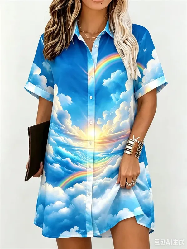Fashion Colorful Clouds Pattern Women Shirt Dresses Short Sleeve 3d Print Lady Street Blouse Dress Turn-Down Collar Casual Dress