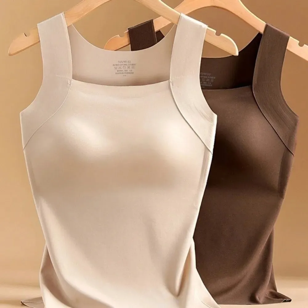 Built-in Bra Seamless Camisole Fixed Cup Solid Color Thermal Vest Stretchy U Neck Bottoming Underwear Multi-layer Wear — image 2