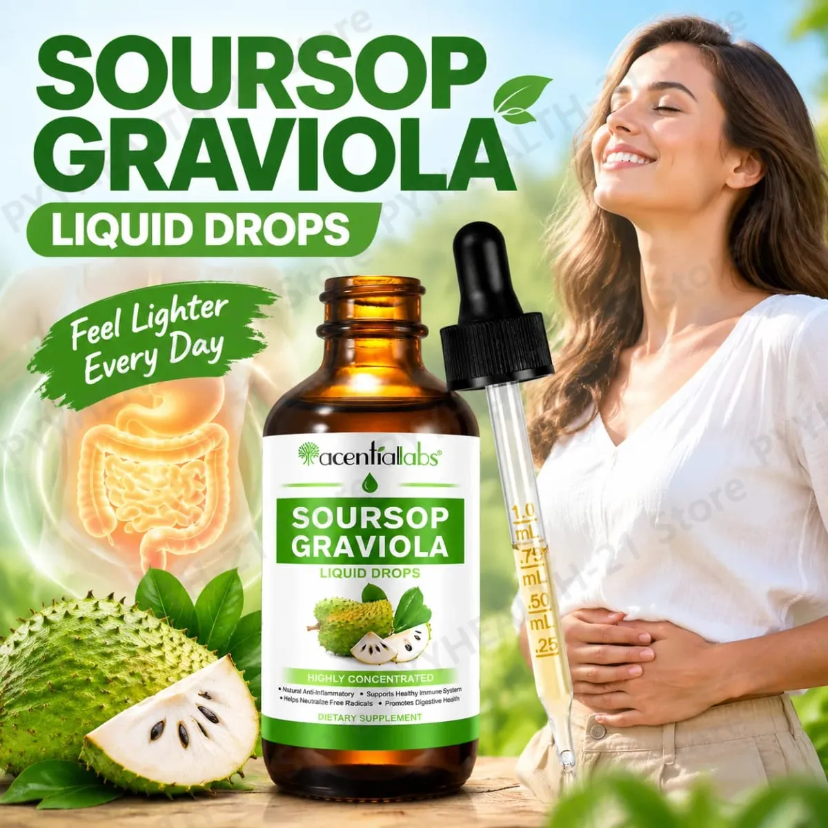 AcentiLabs Soursop Graviola Liquid Drops C-vitamin támogatja az emésztést, az immunrendszert, szabadgyökök elleni védelem 60 ml felnőtteknek — image 1