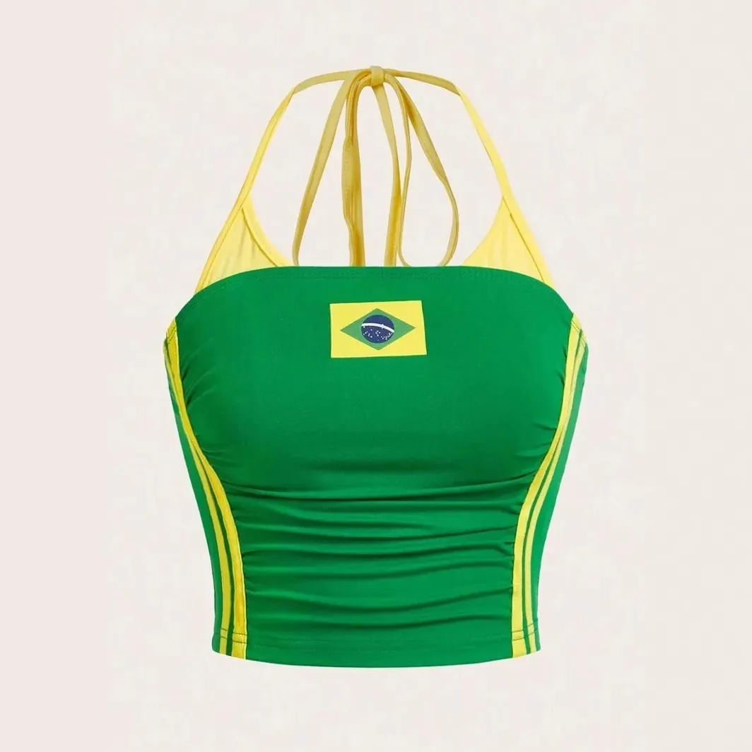 Women Brazil Flag Print Halter Crop Top Y2K Color Block Sling Cami Top Ruched Sleeveless Tube Tank Top Streetwear Summer Vest