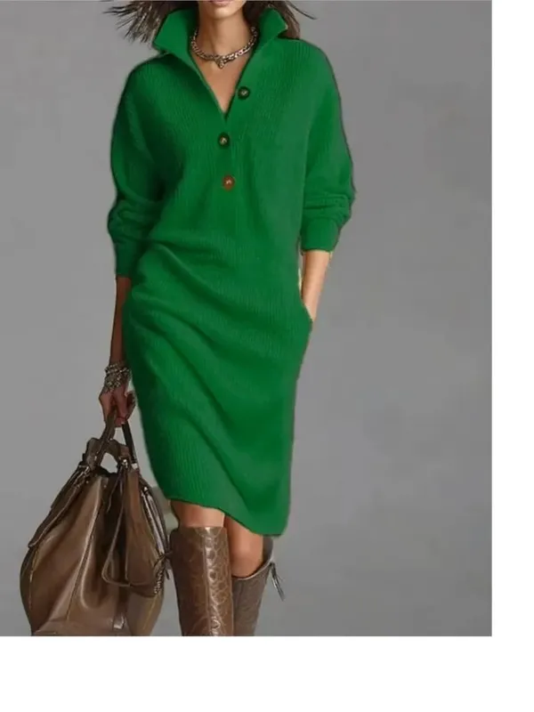 Autumn Fashion Knitted Button Lapel Women Dress Casual Loose Pocket Lazy Straight Over The Knee Long Sleeve Sweater FemaleDress — image 10