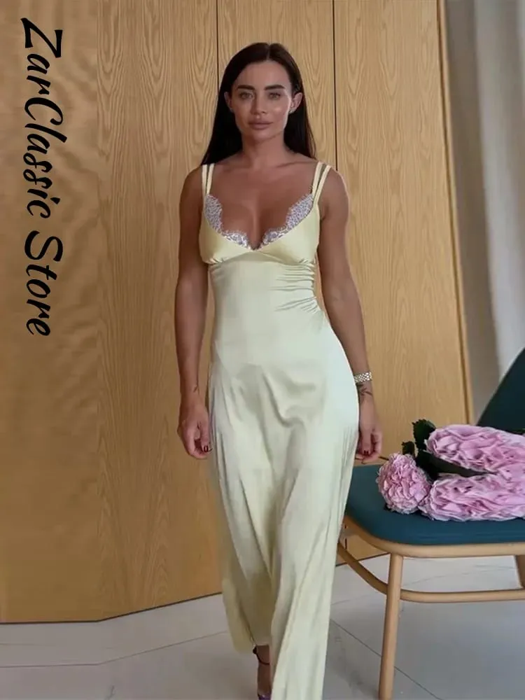 Elegante laço de cetim verão vestido feminino amarelo v pescoço sem mangas cintura cinching cinta vestidos casuais nova festa noite robe 2026 — image 5