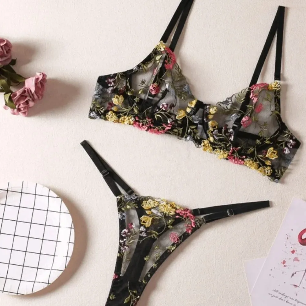 2-Piece Versatile Floral Lingerie Set Embroidery Sheer Women Underwear Wireless Bra — image 4