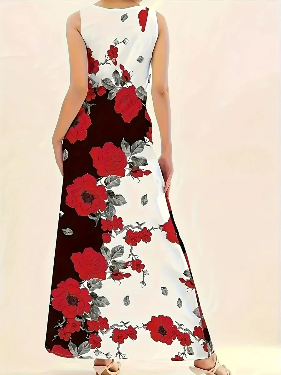 Large size European and American printed sleeveless temperament long dress for women retro long dress