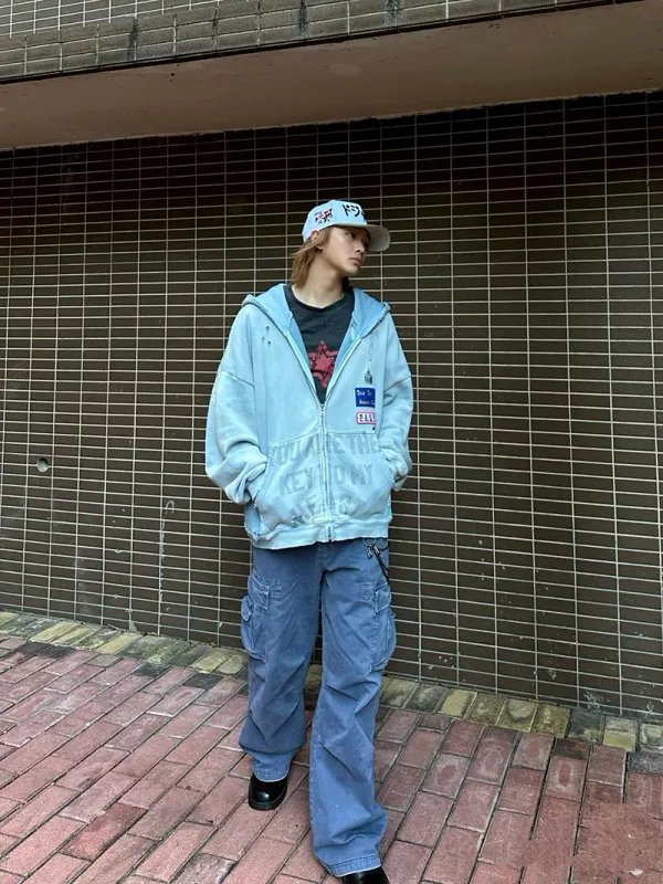Light Blue PALY Letter Crystal Hoodie Ripped Washed Fashion Patch High Street Casual Men Women 1:1 Zipper Sweatshirts — image 22