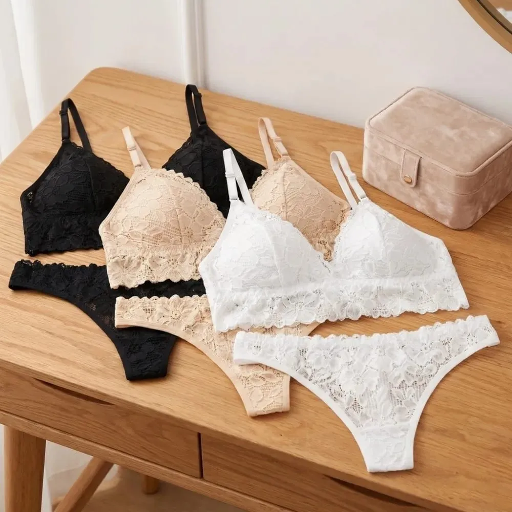 Floral Panties Bra Kit Lace Flower Thong Bra Set Low Waist Lingerie Romantic Night Gift Ladies V Neck Underwear for Women — image 4