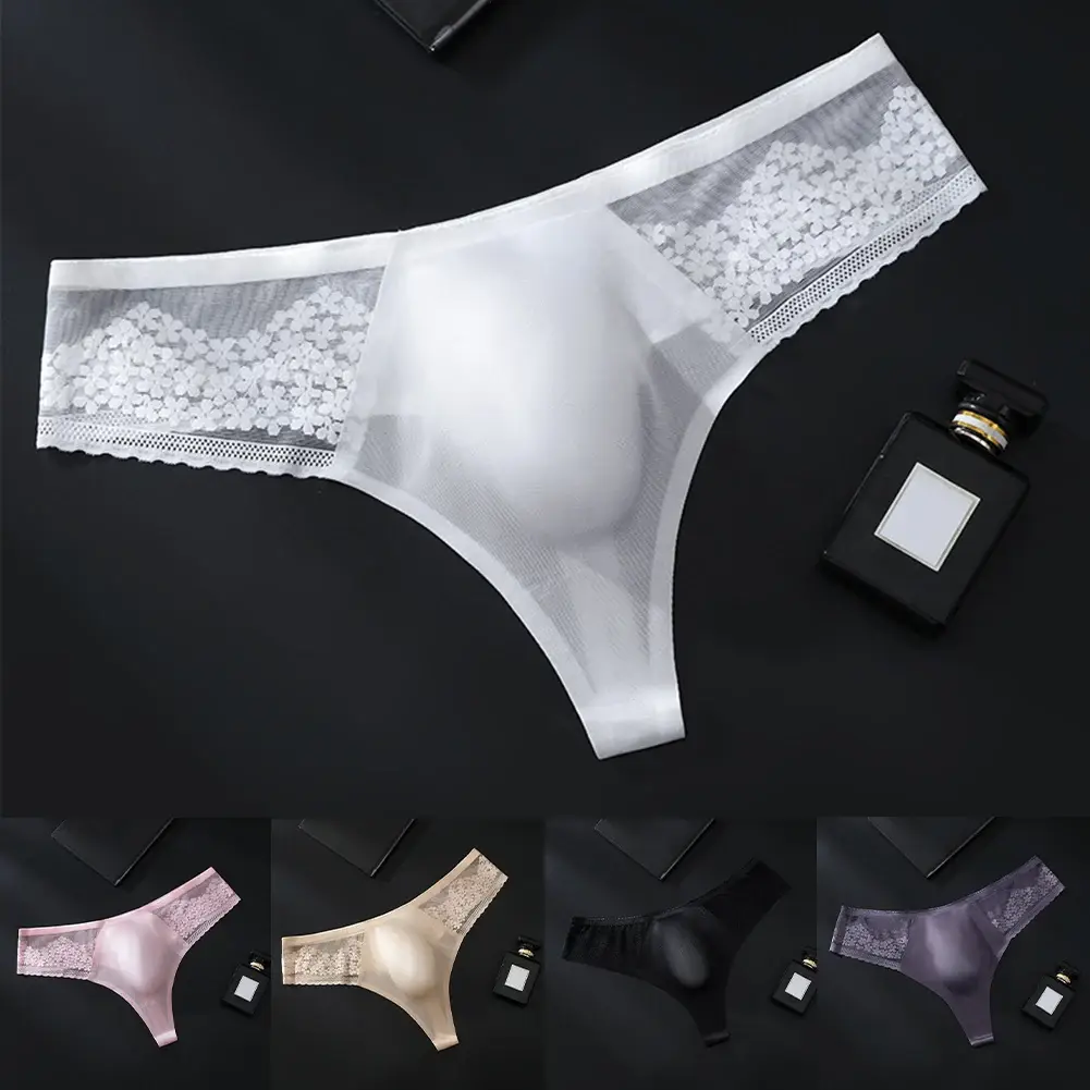 Breathable Men's Lace G-String Underwear Featuring Thin Seamless Ice Silk Fabric with 3D Bulge Pouch and Solid Color Design