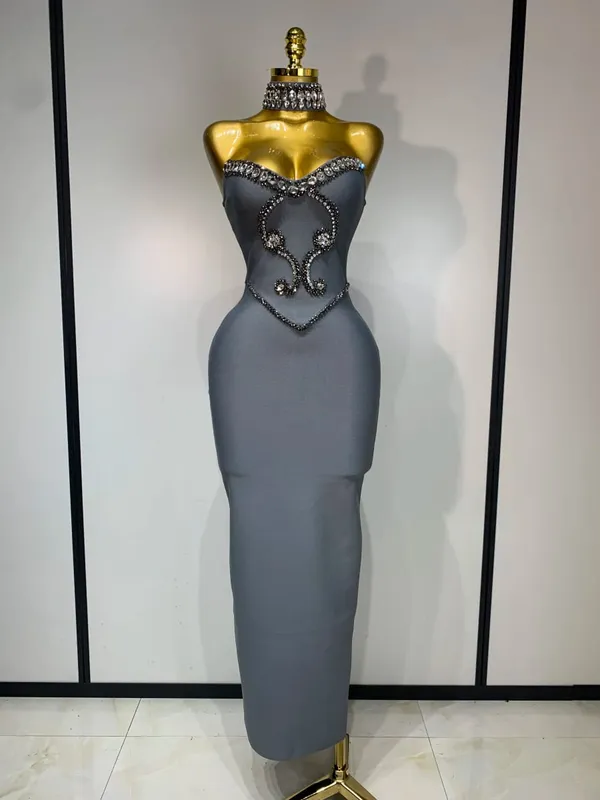 Alta qualidade sem alças miçangas com colar vestido bandagem celebridade elegante festa à noite fantasia clube vestidos de aniversário