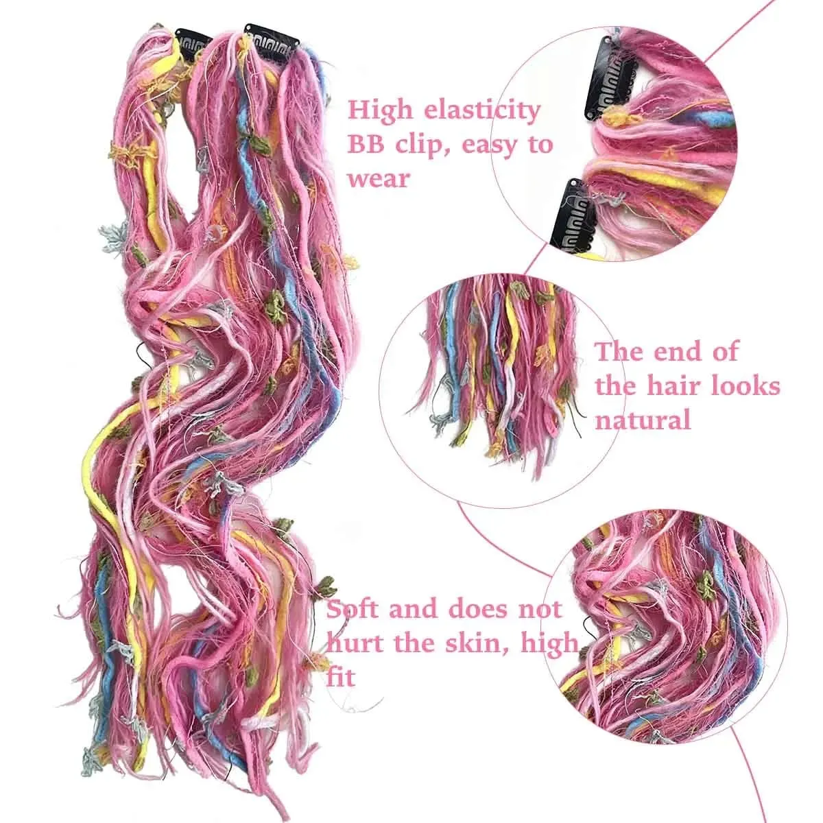 Synthetic Clip In Pastel Pink Macaron Faux Locs Hair Extensions Handmade Textured Straight With HairPieces For Women Daily Party — image 5
