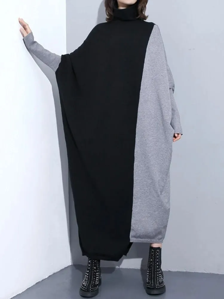[EAM] Women Coffee Color-block Big Size Long Sweater Dress New Turtleneck Long Sleeve Fashion Tide Spring Autumn 2026 1DJ2393