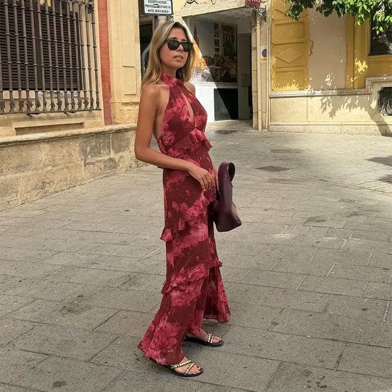 Floral impressão halter pescoço recorte maxi vestido em camadas plissado sem mangas 2026 verão feminino vestido de férias moda boho senhora vestido — image 8
