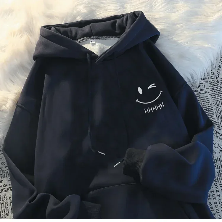 Rosto sorridente masculino engraçado moda casal suéter com capuz americano pesado solto engrossado cashmere meninos moletom com capuz topo — image 11