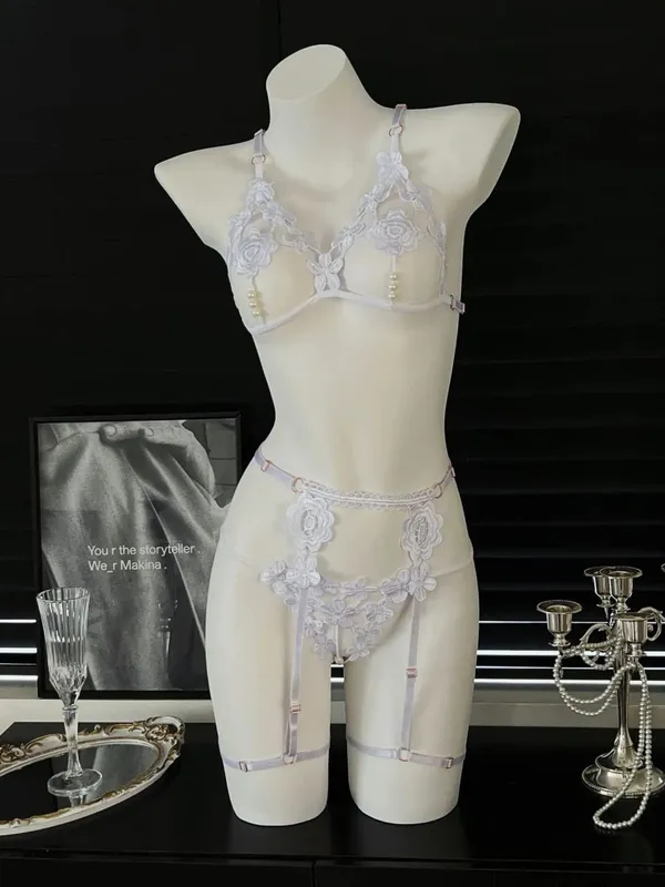 3Pcs/Set Pearl Sexy Bra Set Women Bralette Girls Pearl Underwear Thong Erotic Open Sleepwear Transparent Bras Lingerie Sets — image 2