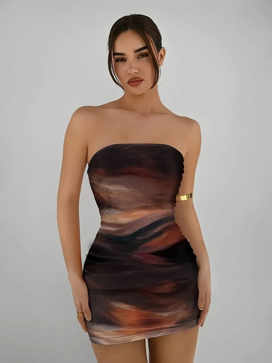 Elegant Women's Knitted Gradient Print Mini Dress Spring Summer New Style Party Holiday Sexy Strapless Slim Fit Gown — image 2