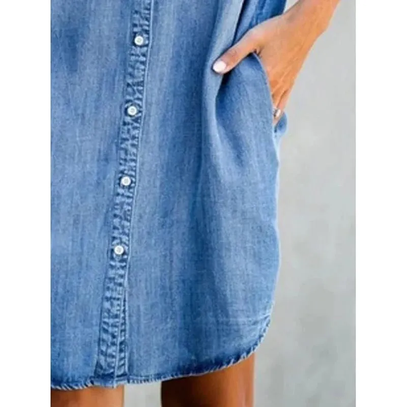 Verão novo único breasted denim camisa vestido feminino casual bolso solto simples retro commuter feminino escritório denim saia curta — image 5