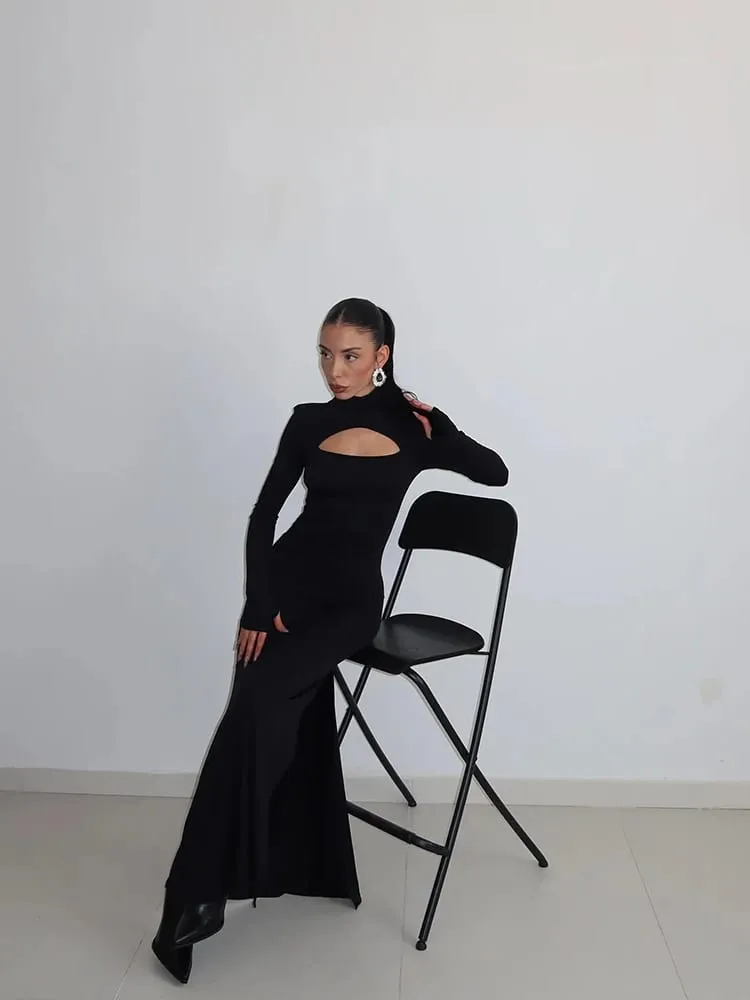 Ahagaga Sexy Sheath Women's Maxi Dresses Solid Turtleneck Regular Long Sleeves Hollow Out Slim Fit Bodycon Party Vestidos Robes — image 3
