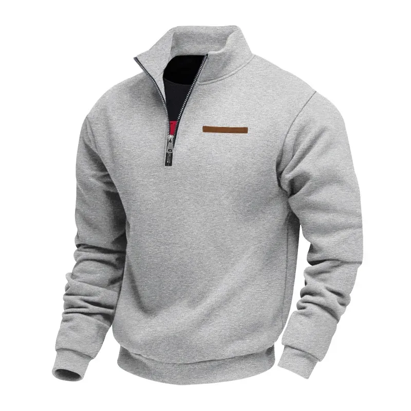 Moletom masculino com zíper com gola alta, pulôver casual de lã quente com listras decorativas no peito — image 7