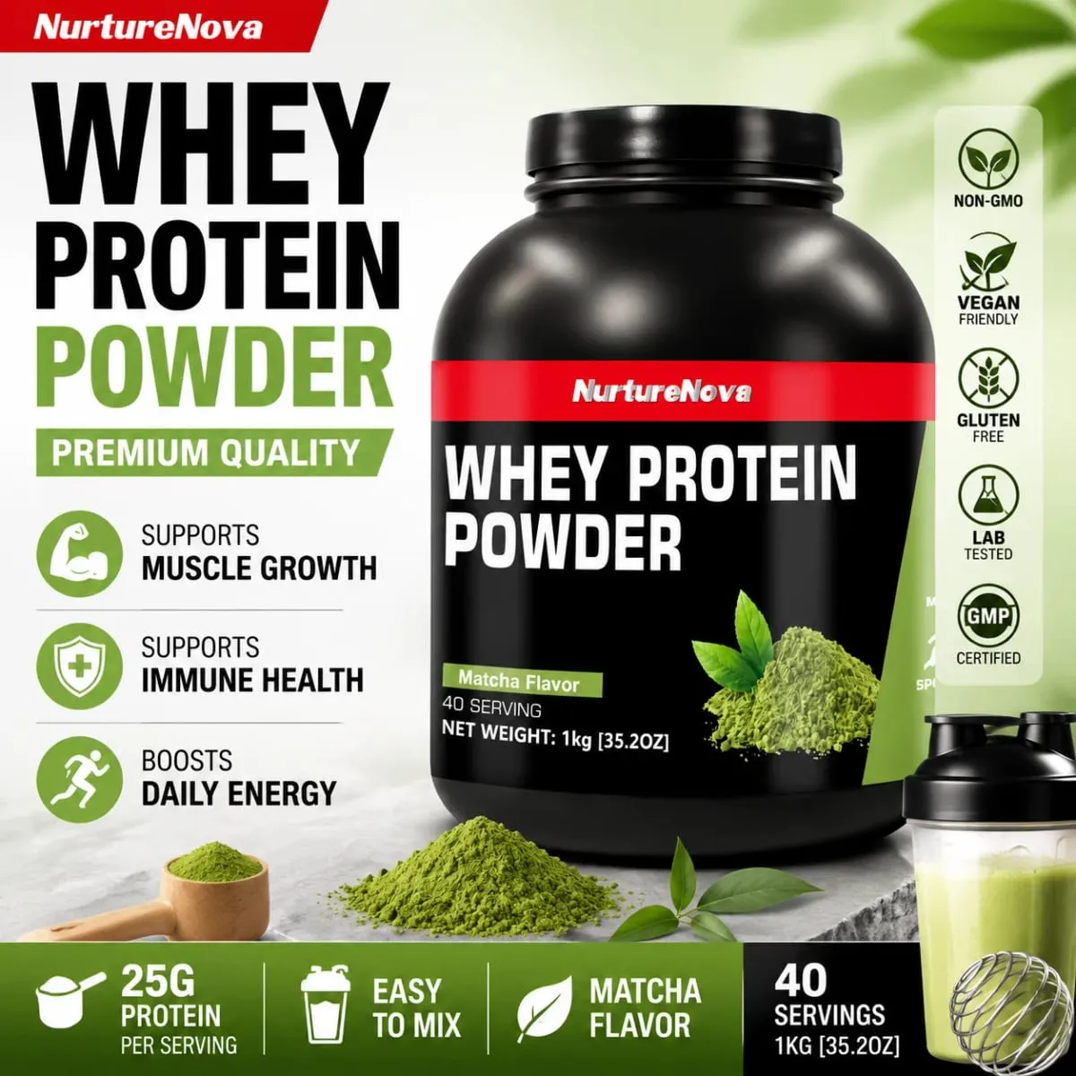 NurtureNova Whey Protein Powder 40 Servings Protein Drink Mix for Adults Chocolate Matcha Strawberry Flavor Daily Nutrition — image 2