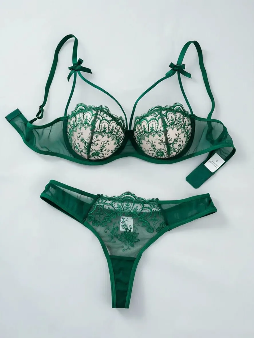 2 pirasong Pambabaeng Lingerie Sets Pambabaeng Berde Komportable Magaang Bow Semi Transparent Lingerie Set — image 1