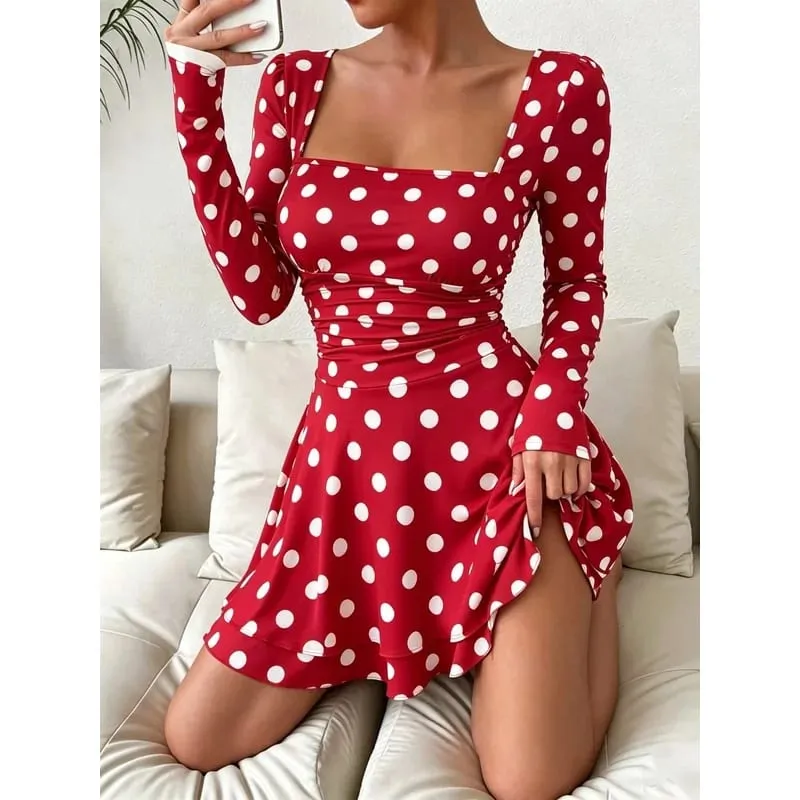 Women's Autumn Polka Dot Print Square Neck Long Sleeve Dress Waist Cinched A-Line Mini Skirt Sexy Fashionable Length — image 3
