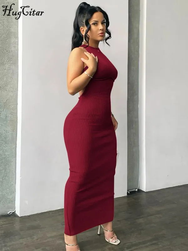 Hugcitar Ribbed Solid Hollow Out Backless Sleeveless Sexy Slit Mini Dress Bodycon 2025 Spring Women Outfits Elegant Party Y2K — image 5