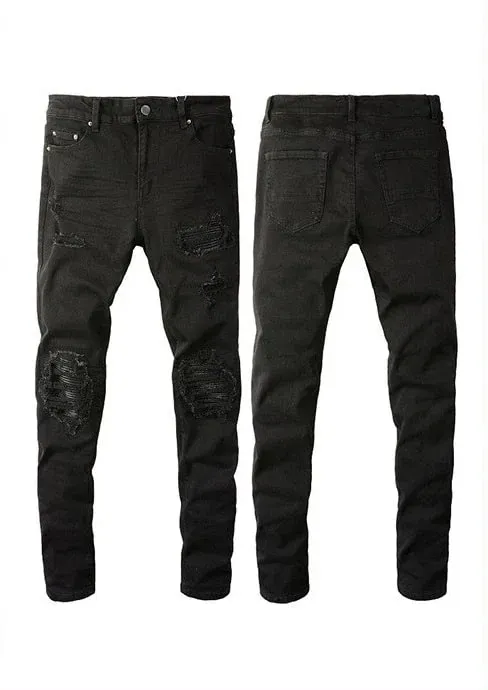 Skinny Hole farmerek férfiaknak Vintage ceruzanadrágok, egyenes bokáig érő nadrágok, mosott, szorongatott farmerek, 2024 őszi utcai viselet — image 4