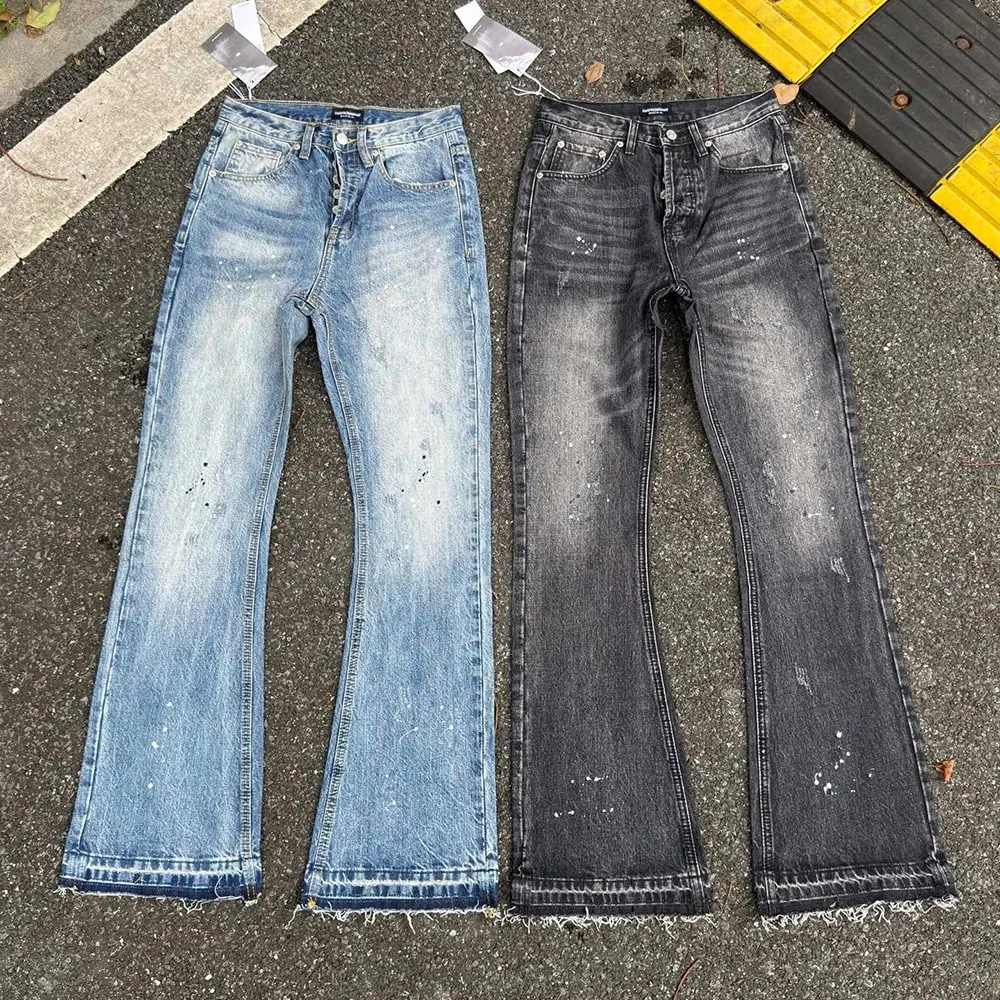 Heavy water Washed Retro Blue Ink Splatter Micro Flare Denim Pants Mens and Womens Straight Baggy Jeans Trousers Boot Cut — image 2