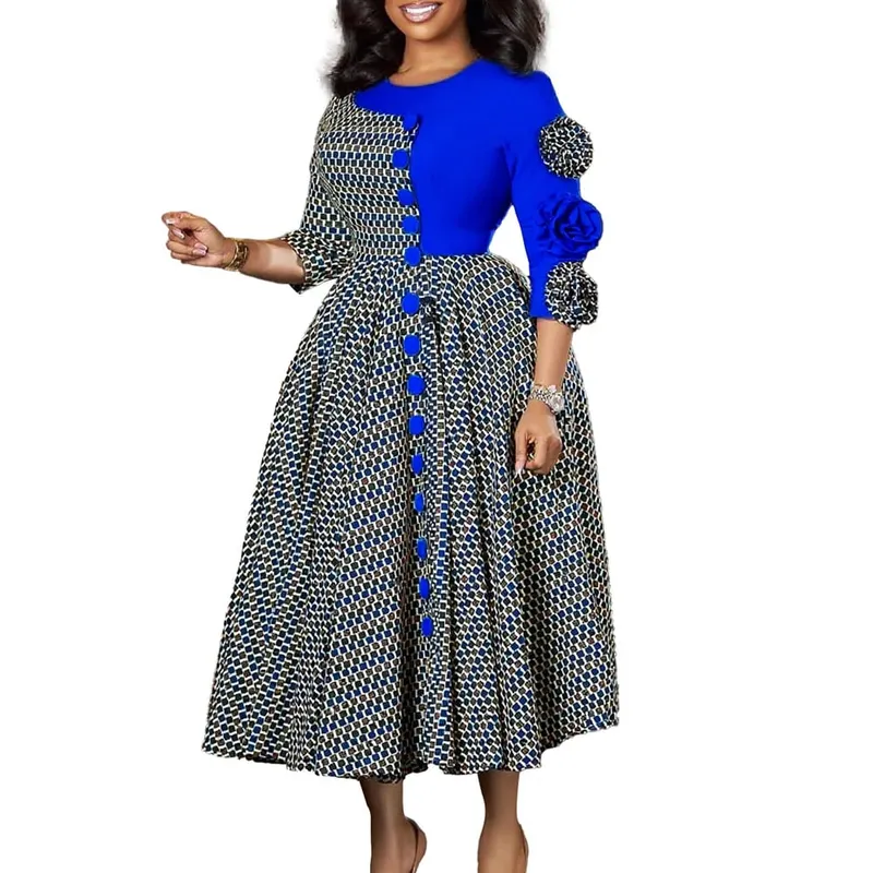 Elegant Dresses for Women 2025 Fall Fashion African 3/4 Sleeve Party Birthday New Robe Chic 3D Flower Plaid Evening A-Line Dress — image 8